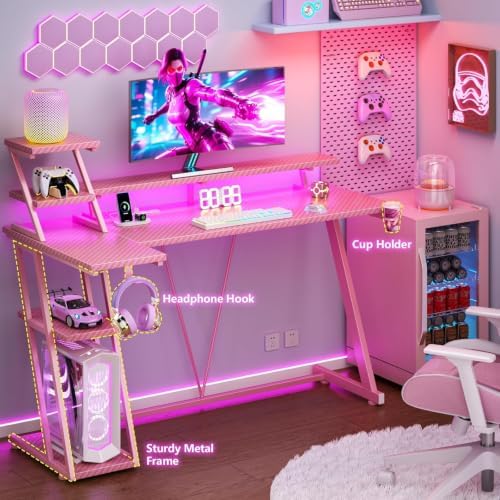 Korfile 55 Inch Pink Gaming Desk with LED Lights & Power Outlet, Gaming Computer Desk with Storage Shelves, L Shaped Gamer Workstations with Monitor Stand for Bedroom - Image 6