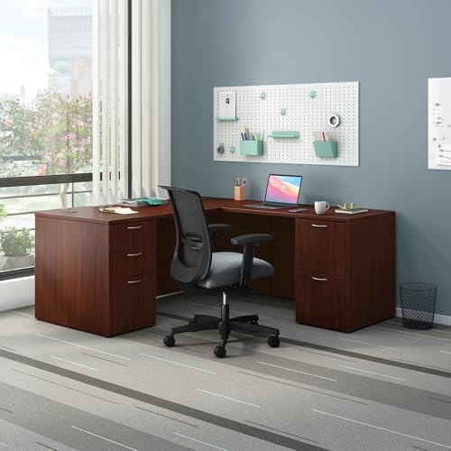 HON MOD L-Desk with Dual Pedestals, Home Office L Shape Executive Desk with Drawers, 66" W x 72" D, Mahogany - Image 2