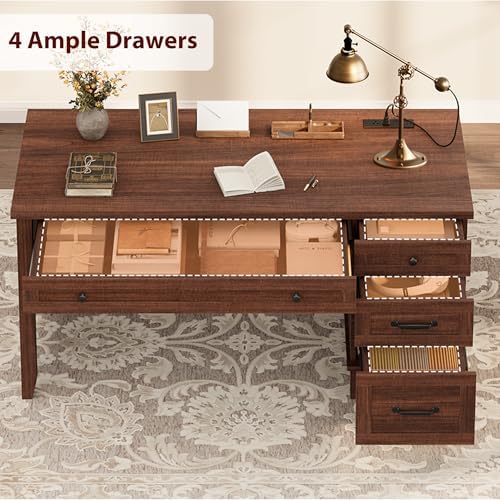GarveeHome Executive Desk with Drawers, Farmhouse Home Office Desk with Charging Station, 53.54 in Wooden Computer Desk with File Cabinet Storage for Work Study Writing,Walunt Brown - Image 4
