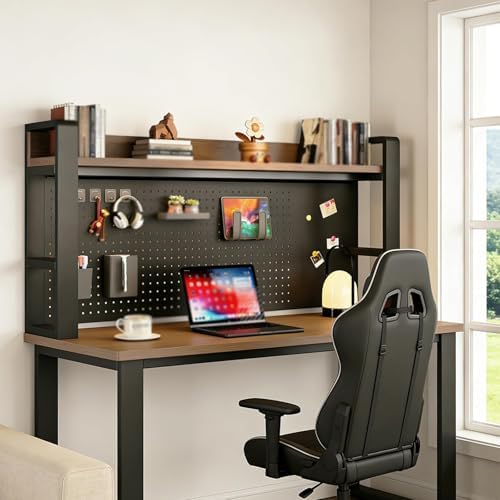 2/3/4 Tier Desk Hutch, Freestanding Desktop Bookshelf, Metal Desk Shelf with Pegboard, Desk Shelves for Top, for Dorm Office and Home(Black+Black Walnut,21 * 9 * 25in) by ZUGIATP