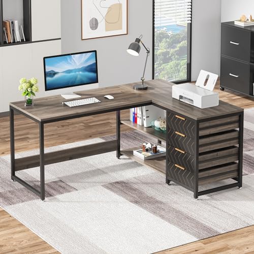 Tribesigns L Shaped Computer Desk with Storage Drawers, 59 inch Corner Desk with Shelves, Reversible L-Shaped Office Desk Writing Table Workstation for Home Office, Grey - Image 3