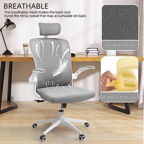 Monhey Office Chairs, Ergonomic Office Chair, Computer Chair with Adjustable Headrest, Lumbar Support, 2D Armrest, Metal Base and Iron Legs, White Frame Grey Mesh Office Chair - Image 6