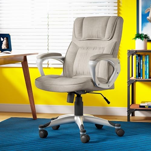 Serta Hannah Executive Home Office Desk Chair, Ergonomic Mid-Back with Lumbar Support, Firm Seat Cushion, Layered Body Pillows, Padded Armrests, Swivel Base, Easy Assembly, Microfiber, Gray/Silver - Image 2