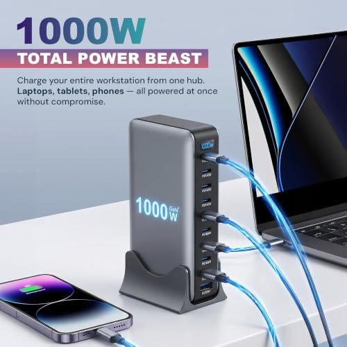 1000W GaN USB C Charging Station with 10 Port Desktop Charger, 8 USB-C & 2 USB-A, 140W PD Fast Charger Block 6.6 ft Data Cable, Multi Port Charging Station for iPhone Android Tablet Laptop - Image 2