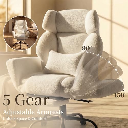 Office Chair with Flip Armrests,Big and Tall Office Chair with Foot Rest,Extra Wide Seat & Lumbar Pillow,Ergonomic Computer Gaming Chair,Comfy Criss Cross Chair for Pets Sitting,Teddy Fleece,White - Image 4