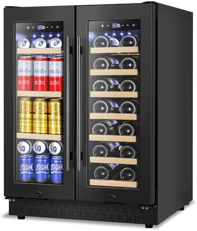FoMup Wine and Beverage Refrigerator, 24 Inch Beverage Cooler Dual Zone with Glass Door, Under Counter Beverage Fridge with Upgraded 60 Cans 20 Bottles Large Capacity, Black by FoMup