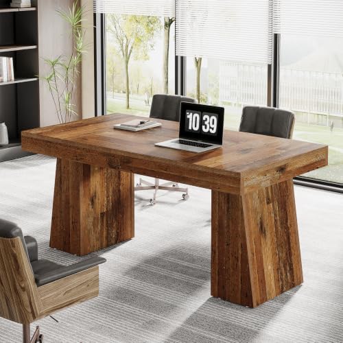 Tribesigns 55 Inches Executive Desk, Mid-Century Modern Home Office Desk, Wood Computer Table Business Workstation Small Conference Table, Distressed Brown by Tribesigns