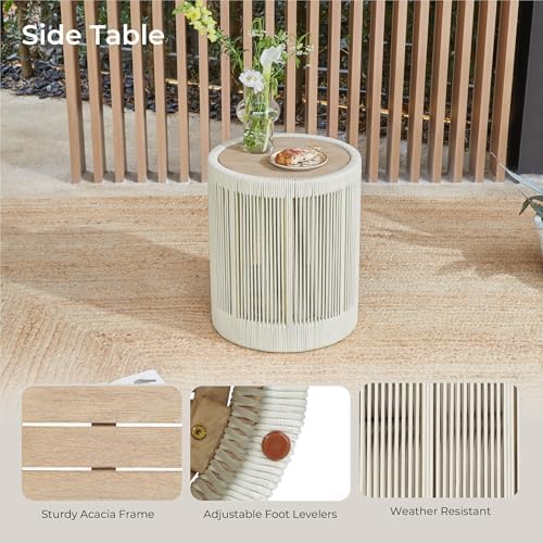 CHITA 3-Piece Boho Patio Rattan Bistro Set, FSC Acacia Wood Frame, Cream - Image 5