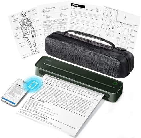 D90E Inkless Portable Printer for Travel, Supports 8.5 x 11 Inch Thermal Paper Wireless Thermal Printer Bluetooth, with Travel Case & 10 Sheets for Students, Office, School, Dark Green by ETIKEZ