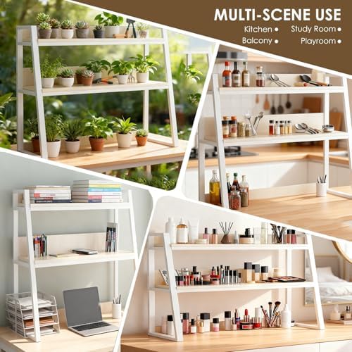 Dorm Desk Hutch,2-Tier Ladder Desktop Bookshelf,Metal Computer Desktop Bookcase,Wood Desk Bookshelf Organizer for Dorm Home Office(21.6" W x 12.6" D x 35.4" H, White) - Image 5