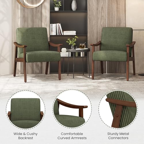 Yaheetech Accent Chairs, Mid-Century Corduroy Fabric Armchairs, Dark Green - Image 6