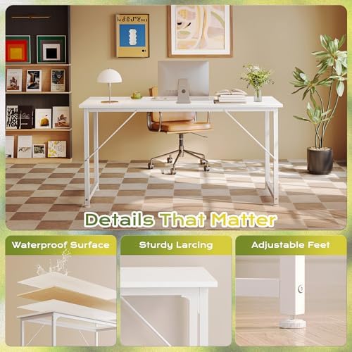 PRAISUN 55 Inch Computer Desk, Office Desk, Spacious Desktop, White - Image 6