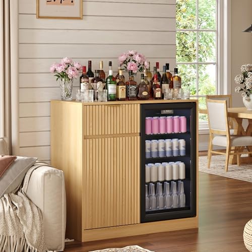 Mini Fridge Cabinet with Power Outlet, Coffee Bar Cabinet with Fridge Space & Wine Glass Rack, Fluted Buffet Sideboard with Drawer & Adjustable Shelf, Home Bar Cabinet for Living, Dining Room Kitchen by RoomtoLiveSpacetoBreathe