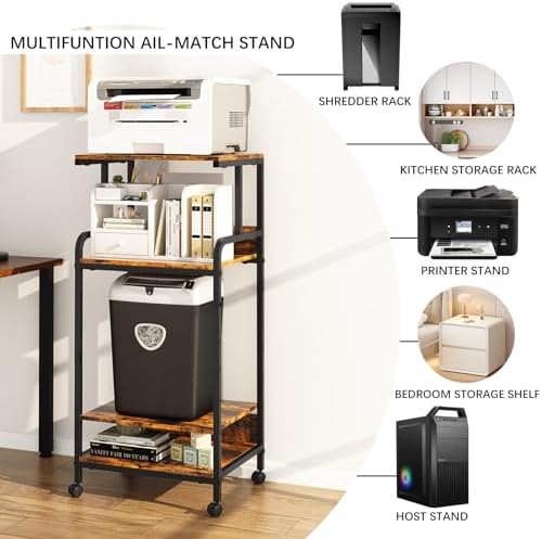 Arbuxzuy 4 Tier Printer Stand with Storage Shelf, Large Tall Printer Cart with Wheels, Mobile Printer Table for Home Office, Adjustable Stands for Heat Press Scanner Fax (Brown) - Image 6