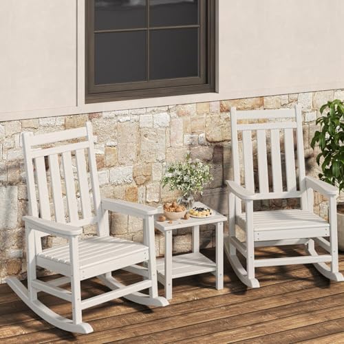 HDPE Rocking Chair Outdoor Set of 2 with Side Table, High Back Rocker by Garvee