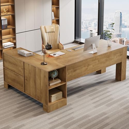Tribesigns L-Shaped Executive Desk, 78-Inch Office Desk with Storage Cabinet and 2-Tier Shelf, Large Wooden Computer Writing Table Business Furniture Workstation for Home Office, Brown - Image 6