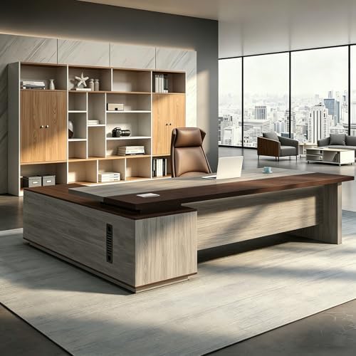 L Shaped Executive Desk with Drawers, Large Office Desk with Storage Cabinet, Wood L Shape Desk for Home Office or Business Workspace, Left or Right Cabinet Option, Multiple Sizes & Colors by Unknown