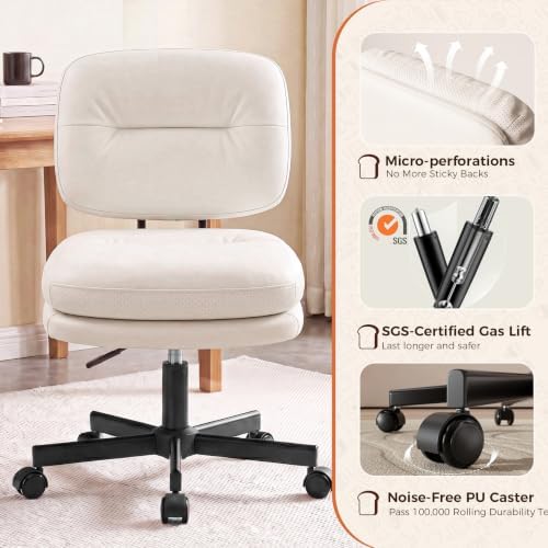 COMHOMA Home Office Desk Chair with Comfy Lumbar Support, Small Vanity Chair with Wheel for Bedroom, Thick Padded & Armless, 19.1"-25.4" Height Adjustable, Soft PU Leather, White - Image 5