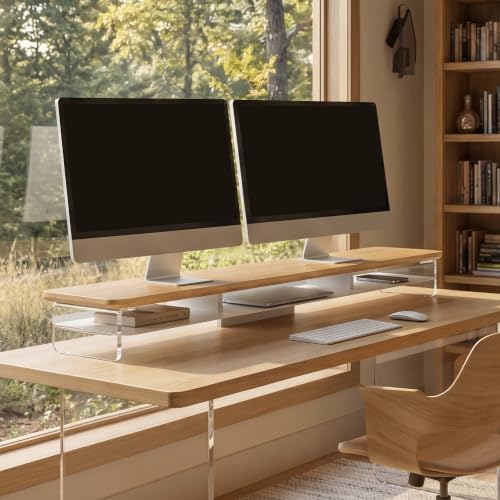 Fenge 42.5" Dual Monitor Stand with Clear Acrylic Legs, Dark Oak - Image 2