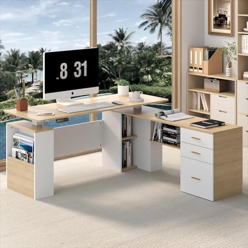 JOMEED 63" L Shaped Executive Standing Desk with Drawers,Oak and White by JOMEED