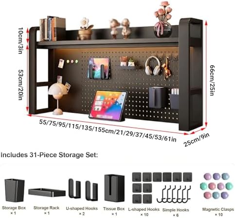 2/3/4 Tier Desk Hutch, Freestanding Desktop Bookshelf, Metal Desk Shelf with Pegboard, Desk Shelves for Top, for Dorm Office and Home(Black+Black Walnut,21 * 9 * 25in) - Image 2