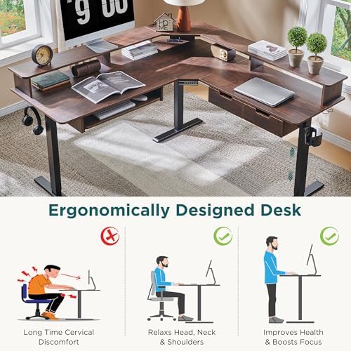 RedLemon 60 Inches L Shaped Electric Standing Desk 2 Tier, Dark Walnut - Image 4