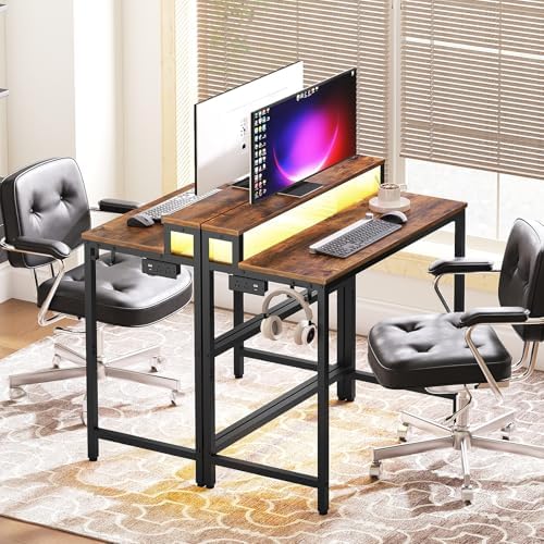 YATINEY Small Computer Desk with Charging Station and LED Lights, Gaming Desk with Monitor Stand, 2-Tier Home Office Desk with 4 Side Hooks, for Living Room, Home Office, Rustic Brown DN01UDBRY2 - Image 2