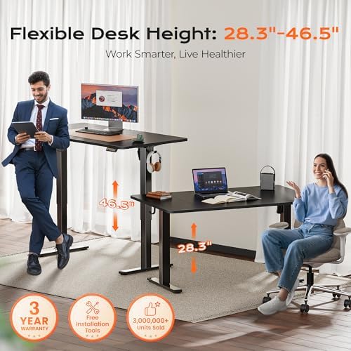 Huuger 55 x 28 Large Electric Standing Desk, Height Adjustable Computer Desk, 27.6" Deep Desktop, Stand up Gaming Office Table with 2 Hooks, 3 Preset Heights, for Home Office, Black - Image 3