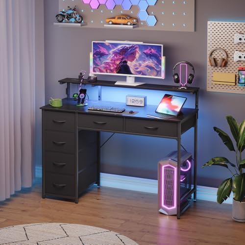 Somdot Computer Desk with Power Outlet and LED Lights, Desk with 6 Drawers - Image 2