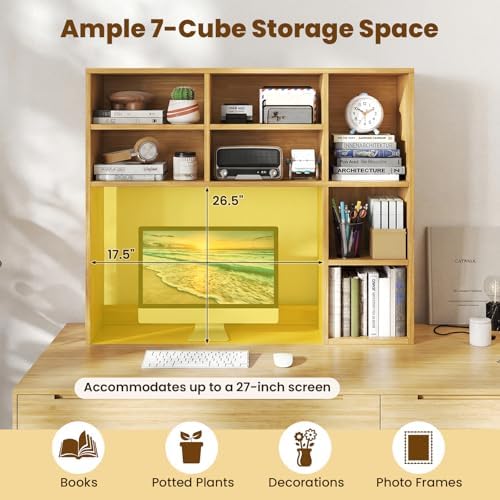 LDAILY Desktop Bookshelf, 37’’ Wood Desk Shelf with 7 Cubes & 3 Adjustable Shelves, 3-Tier Desk Display Rack, Desk Hutch for Dorm College Office Computer Monitor Up to 27’’ (Burlywood, 7 Shelves) - Image 4