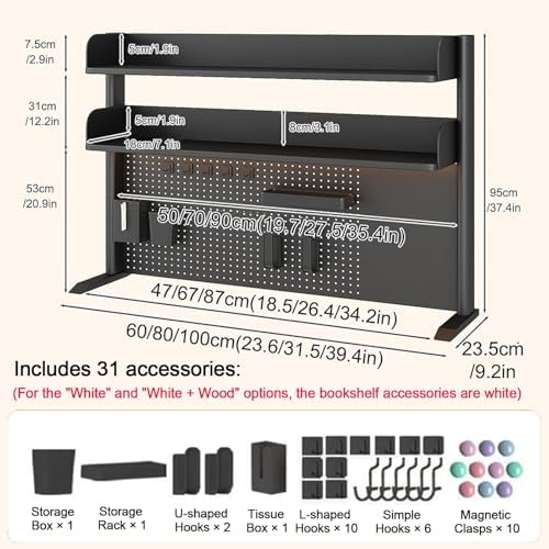 Desktop Bookshelf Organizer, Desktop Bookshelf Adjustable Hutch,Countertop Desk Hutch with Pegboard and Accessories,Storage Organizer Display Rack for Home Office Dorm(White 1,L60xh95cm/23.6x37.4'') - Image 2