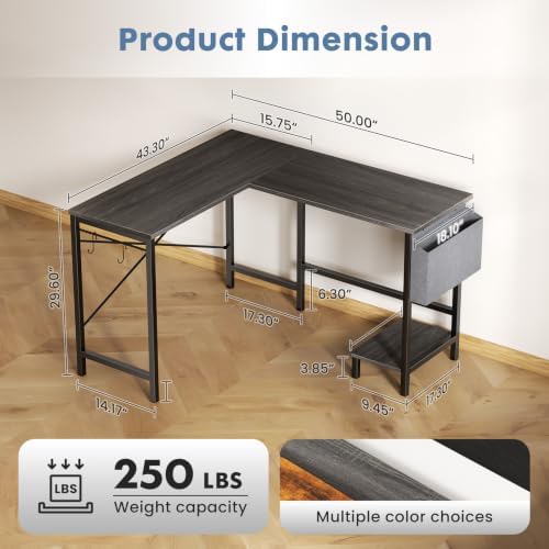 DUMOS L Shaped Computer Corner Desk with PC Stand, Grey - Image 2