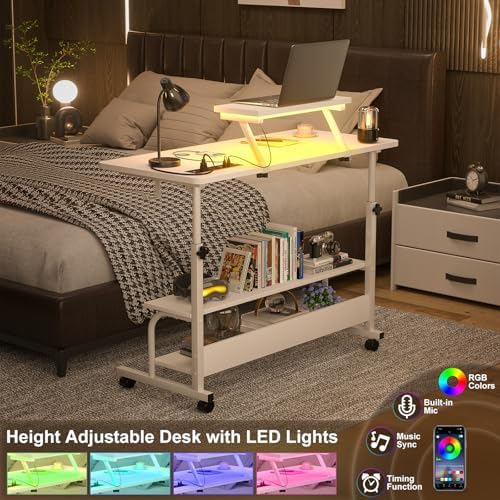 Height Adjustable Standing Desk with Power Outlets and LED Lights - 39" Manual Stand Up Desk with Monitor Stand and Storage Shelves Small Mobile Rolling Computer Desk Portable Laptop Table, White - Image 5