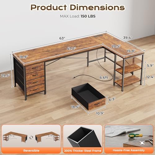 Huuger 63 Inch L Shaped Desk with Fabric Drawers, Computer Office Desk with Power Outlets and USB-C Port, Corner Desk with Storage Shelves, Work Study Home Office, Reversible, Rustic Brown - Image 3