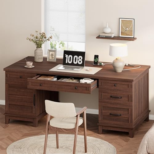 60" Executive Desk with Power Outlet, Home Office Desk with Drawers, Wooden Work Desk with File Cabinet, Computer Desk for Work, Study, Writing, Brown by SLEKVERSA