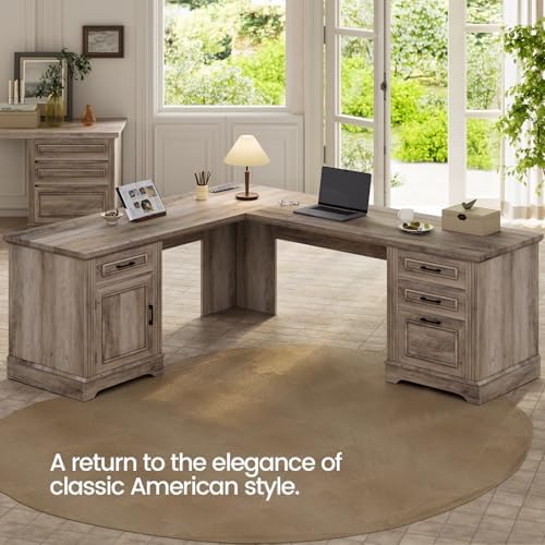 Itaar Farmhouse L Shaped Desk, Executive Computer Desk with Drawers and Storage Cabinet, Home Office Desk with File Drawer and Power Outlet, Corner Desk, Workstation for Office Home, Grey - Image 3