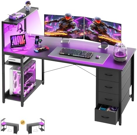 55in Gaming Computer Desk with Drawers & Storage Shelf & Iron Hook, Black by APICIZON