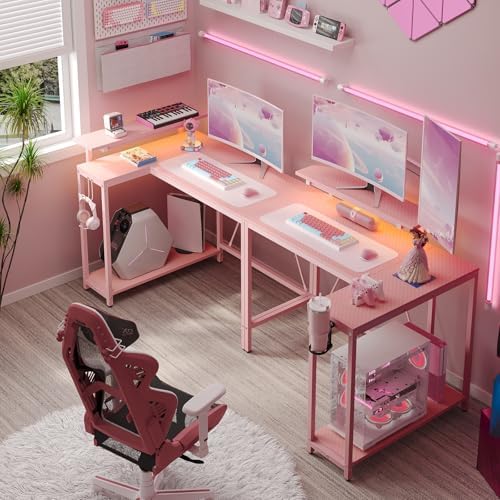 Pinmoco 42" Reversible Small L-Shaped Gaming Desk with LED Lights, Pink - Image 6