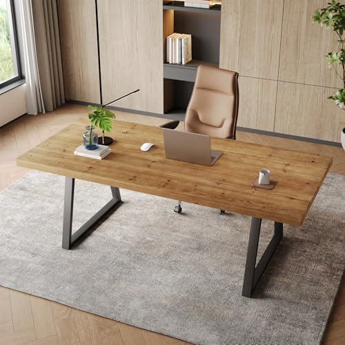 63" Industrial Executive Desk, Solid Wood Computer Laptop Desk with Strong Metal Legs, Study Writing Table Business Workstation for Home Office, Small Conference Table - Image 4