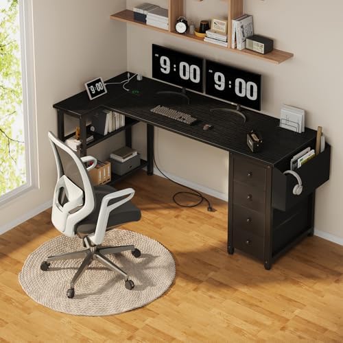 Lufeiya L Shaped Gaming Desk with Drawers & Storage Shelves, 63 Inch Corner Computer Desk with Power Outlet for Home Office Bedroom, L-Shaped Teen PC Desks with Fabric Drawer, Black - Image 2