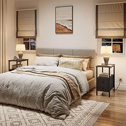 HOOBRO Set of 2 End Tables with Charging Station, Narrow Side Table with Drawers & USB Port & Power Outlets, Nightstand for Small Spaces, Living Room, Stable and Sturdy, Black BK541BZP201 - Image 2