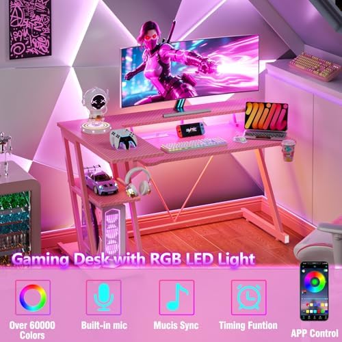 Korfile 40 Inch Pink Gaming Desk with Power Outlet & LED Lights, Corner Computer Desk with 3 Tiers Storage Shelves, L Shaped Gaming Desk with Monitor Stand for Bedroom - Image 4