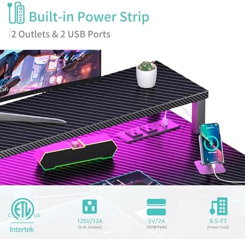 Lufeiya Gaming Desk with Power Outlets and LED Lights, 40 Inch Gamer Desk Table with Charging Station, Home Office Computer Desks with Monitor, Black - Image 6