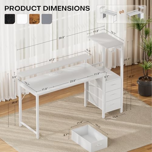 HLDIRECT 60 Inch Gaming Desk with Power Outlets & LED Lights, White - Image 3
