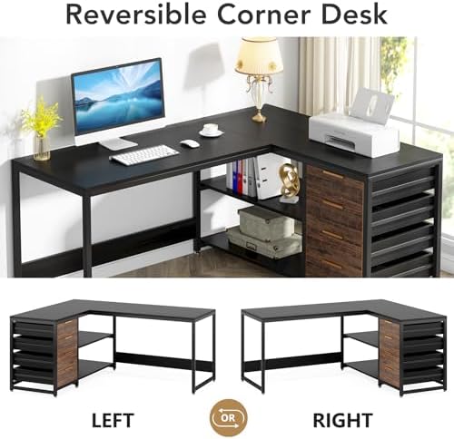 Tribesigns L Shaped Computer Desk with Storage Drawers, 59 inch Corner Desk with Shelves, Reversible L-Shaped Office Desk Study Writing Table Workstation for Home Office, Black - Image 6