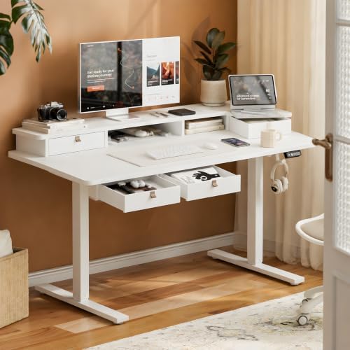 Grandder Electric Standing Desk with Four Drawers, Sit to Stand Up Height Adjustable Desk with Storage Shelf for Home Office, 47 * 28 Inch, Study, Ergonomic Adjustable Computer Desk, White - Image 2