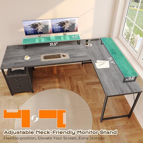 PRAISUN 63 Inch L Shaped Desk with Power Outlets and USB-C Port, Computer Corner Home Office Desk with File Fabric Drawers and Movable Monitor Stand, Larger Storage, Gaming, Writing, Work, Grey - Image 6