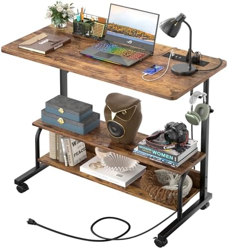 Besiost 32" Height Adjustable Standing Desk with Power Outlets - Manual Rolling Stand Up Desk with Wheels Small Portable Computer Desk Mobile Laptop Table with Storage Shelves for Home Office, Rustic by Besiost