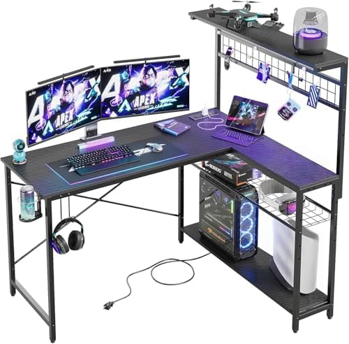 Bestier 51" L Gaming Desk with Power Outlets LED Lights, Carbon Fiber Black by Bestier