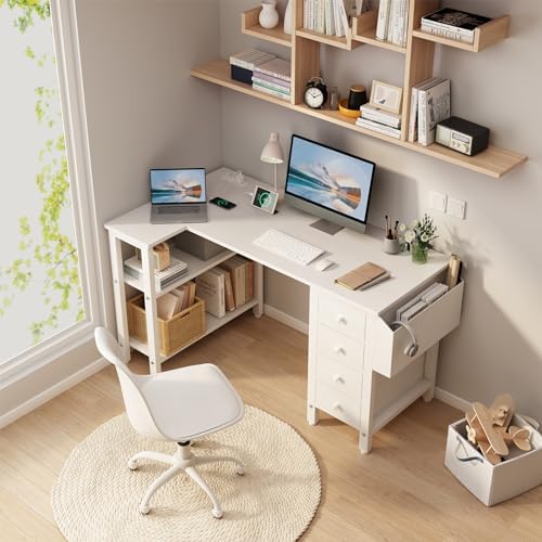 Lufeiya White L Shaped Computer Desk with Drawers & Storage Shelves, 47 Inch Corner Reversible Desk with Power Outlet for Home Office Bedroom, L-Shaped Teen PC Desks with Fabric Drawer, White - Image 2